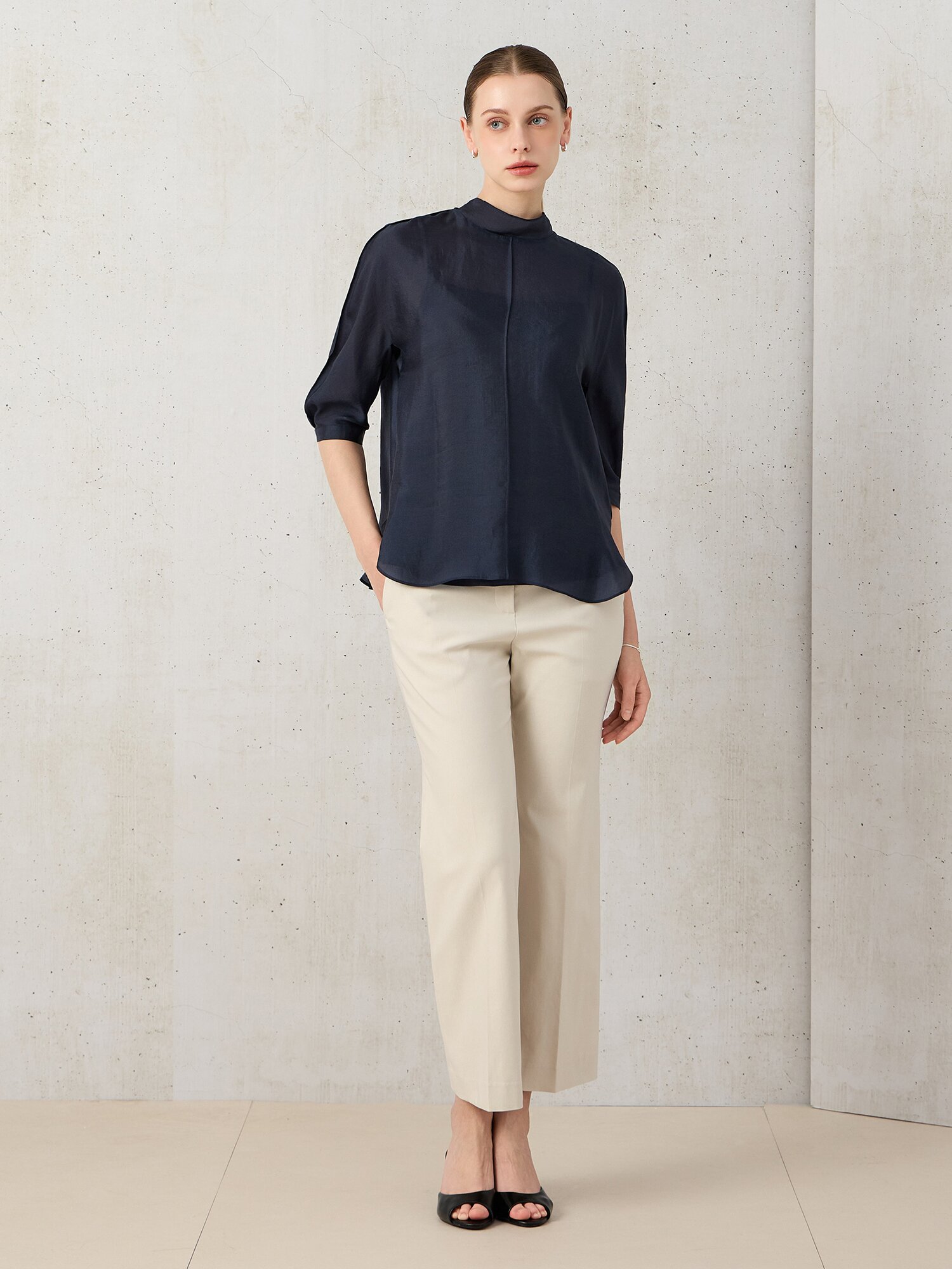 시폰 백 타이 미드 슬리브 블라우스 (DARK NAVY)