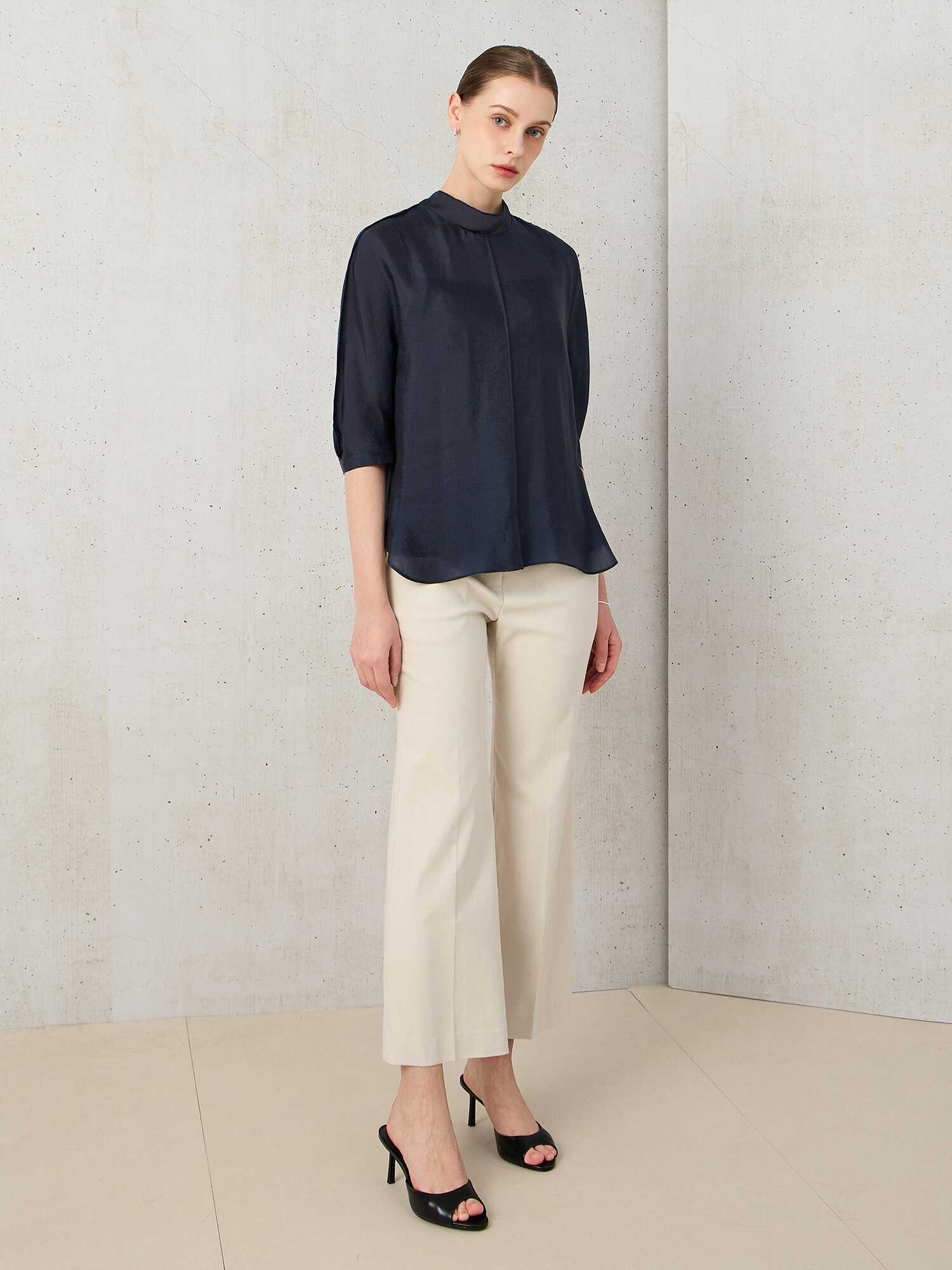 시폰 백 타이 미드 슬리브 블라우스 (DARK NAVY)