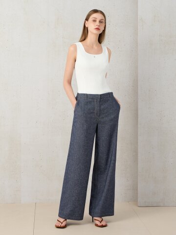 린넨 백 밴딩 와이드 데님 팬츠 