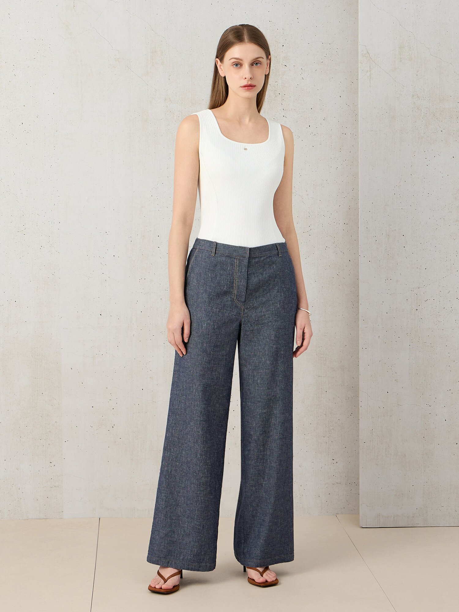 린넨 백 밴딩 와이드 데님 팬츠 (BLUE)