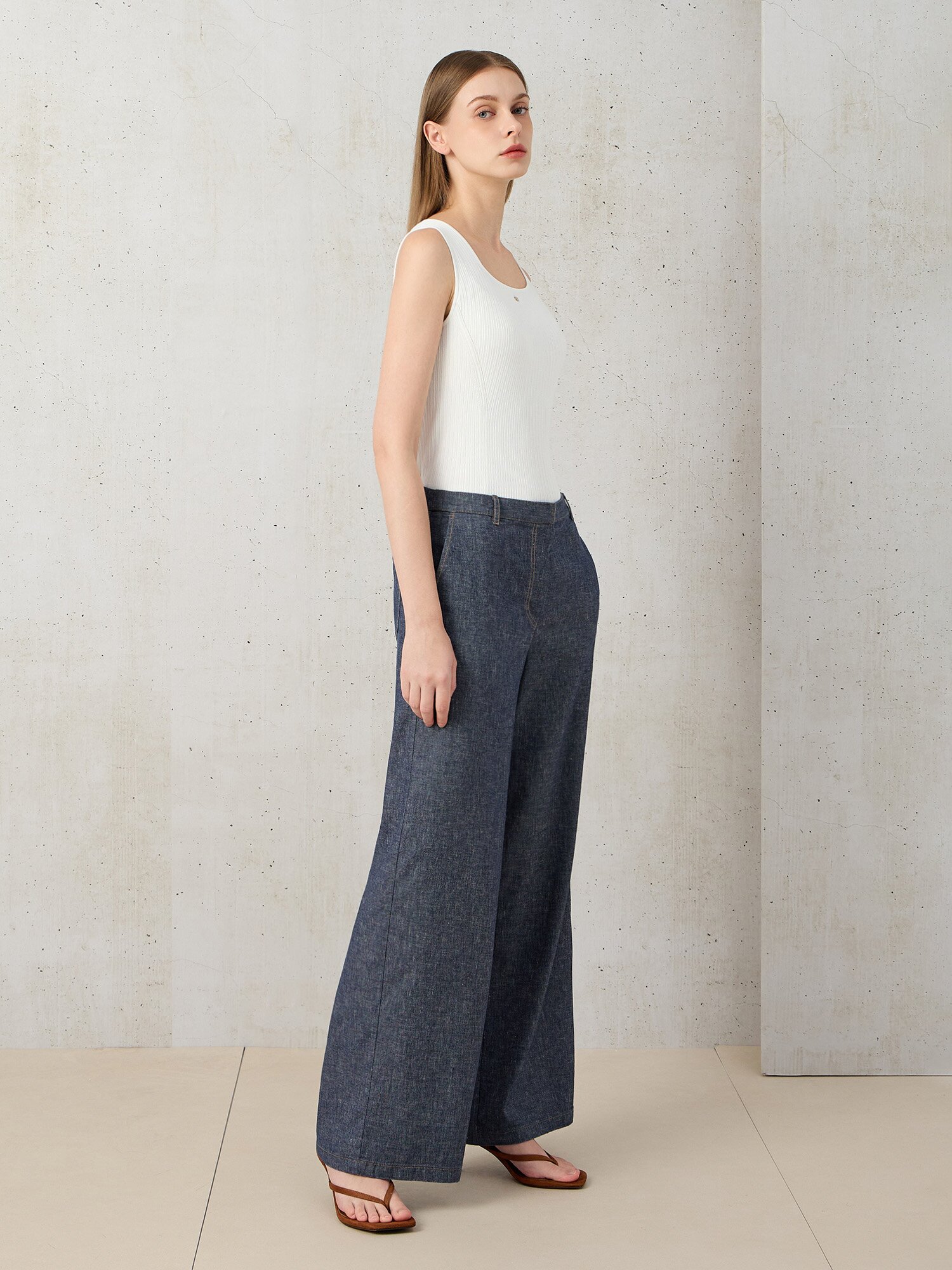 린넨 백 밴딩 와이드 데님 팬츠 (BLUE)