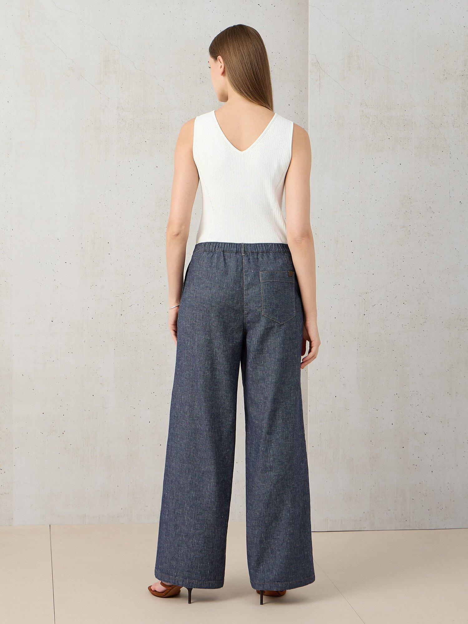 린넨 백 밴딩 와이드 데님 팬츠 (BLUE)