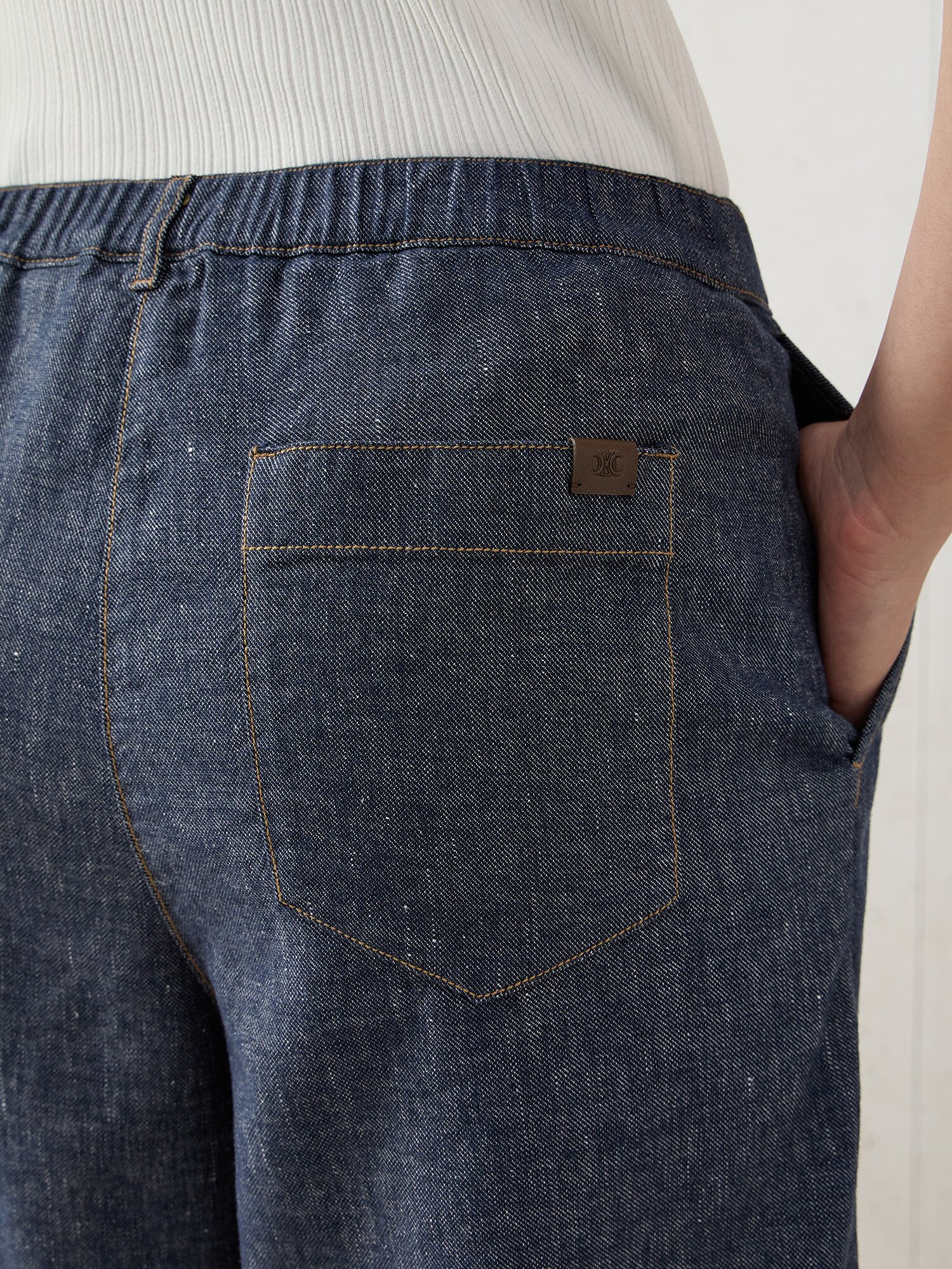 린넨 백 밴딩 와이드 데님 팬츠 (BLUE)