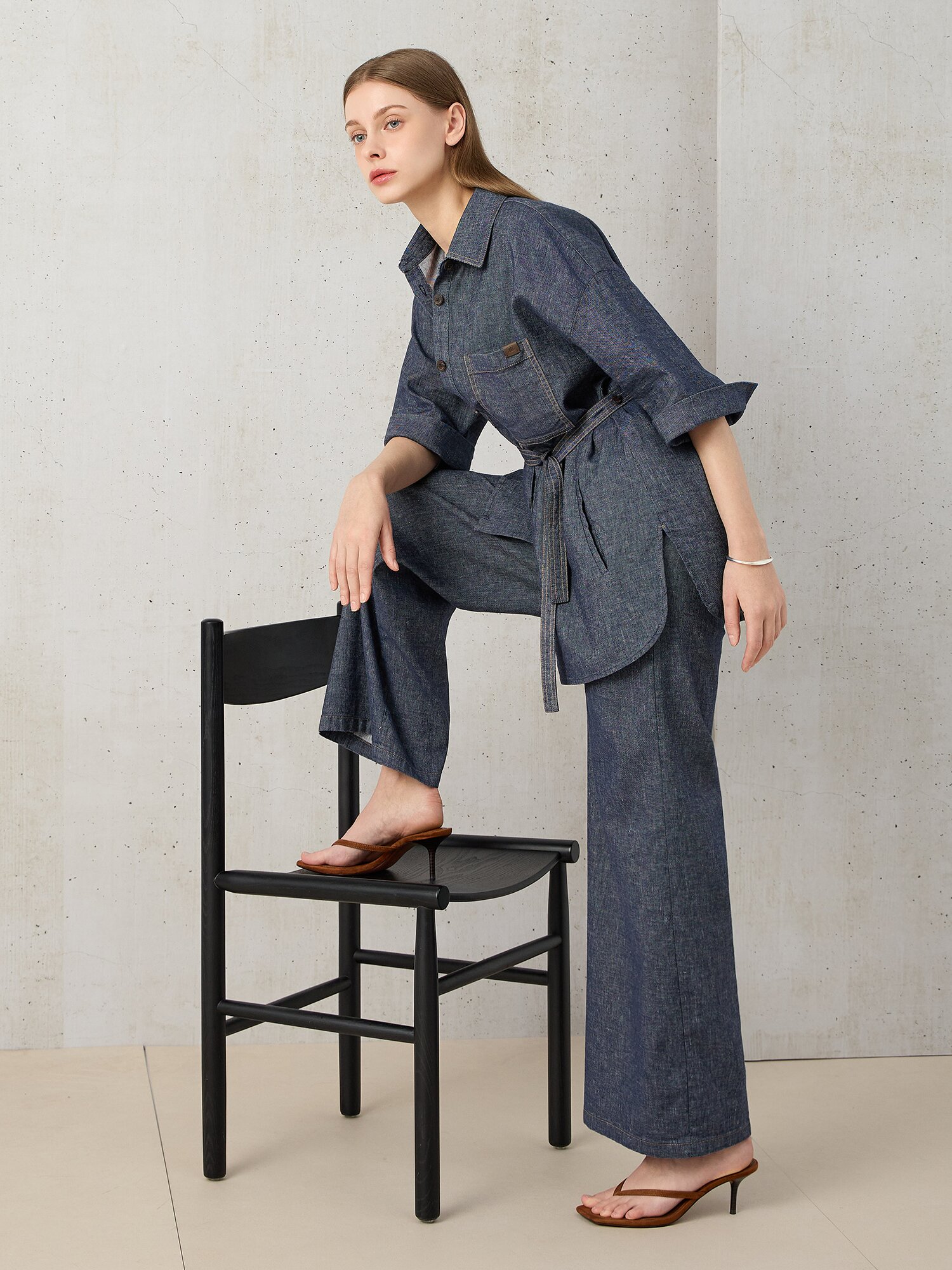 린넨 백 밴딩 와이드 데님 팬츠 (BLUE)