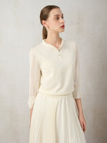 메시 프릴넥 벨 커프스 풀오버 