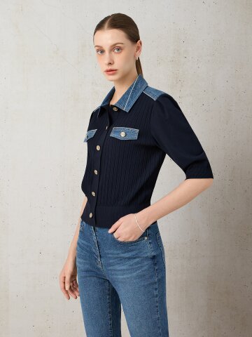 데님 카라 골지 하프 니트 