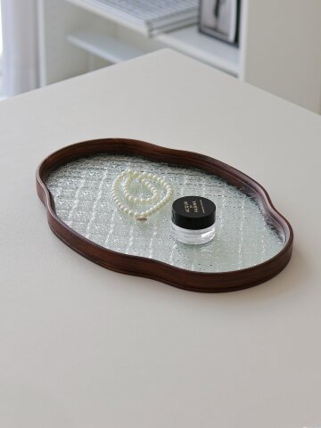 플라워 원목 엠보 유리 트레이 우드 쟁반