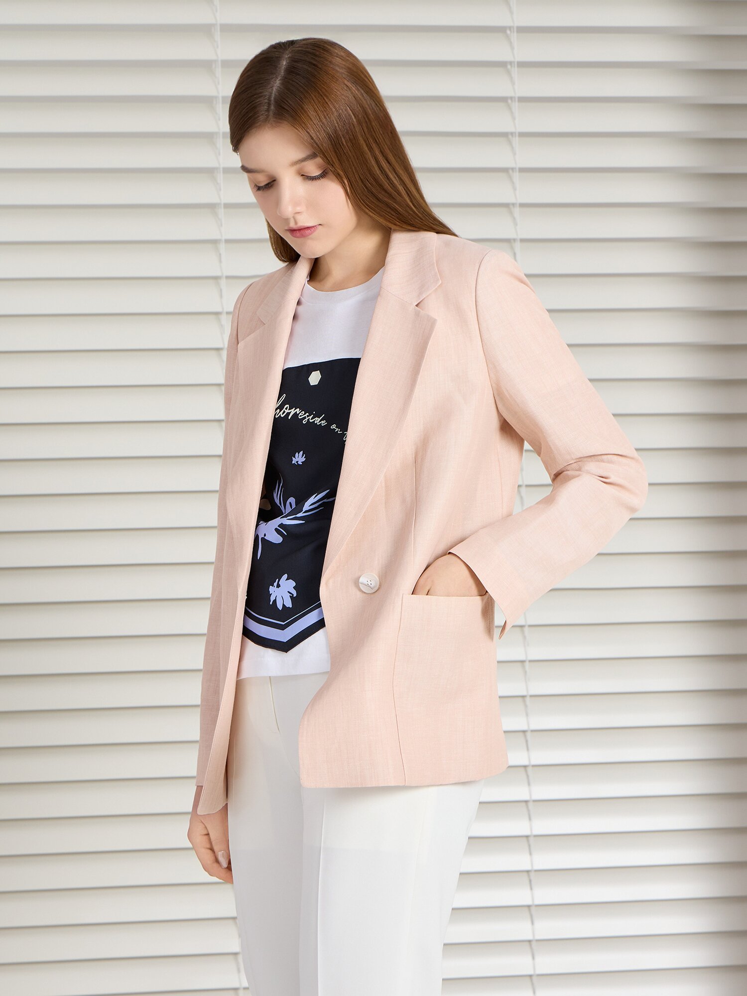 린넨 테일러드 싱글 원버튼 재킷 (LIGHT PINK)