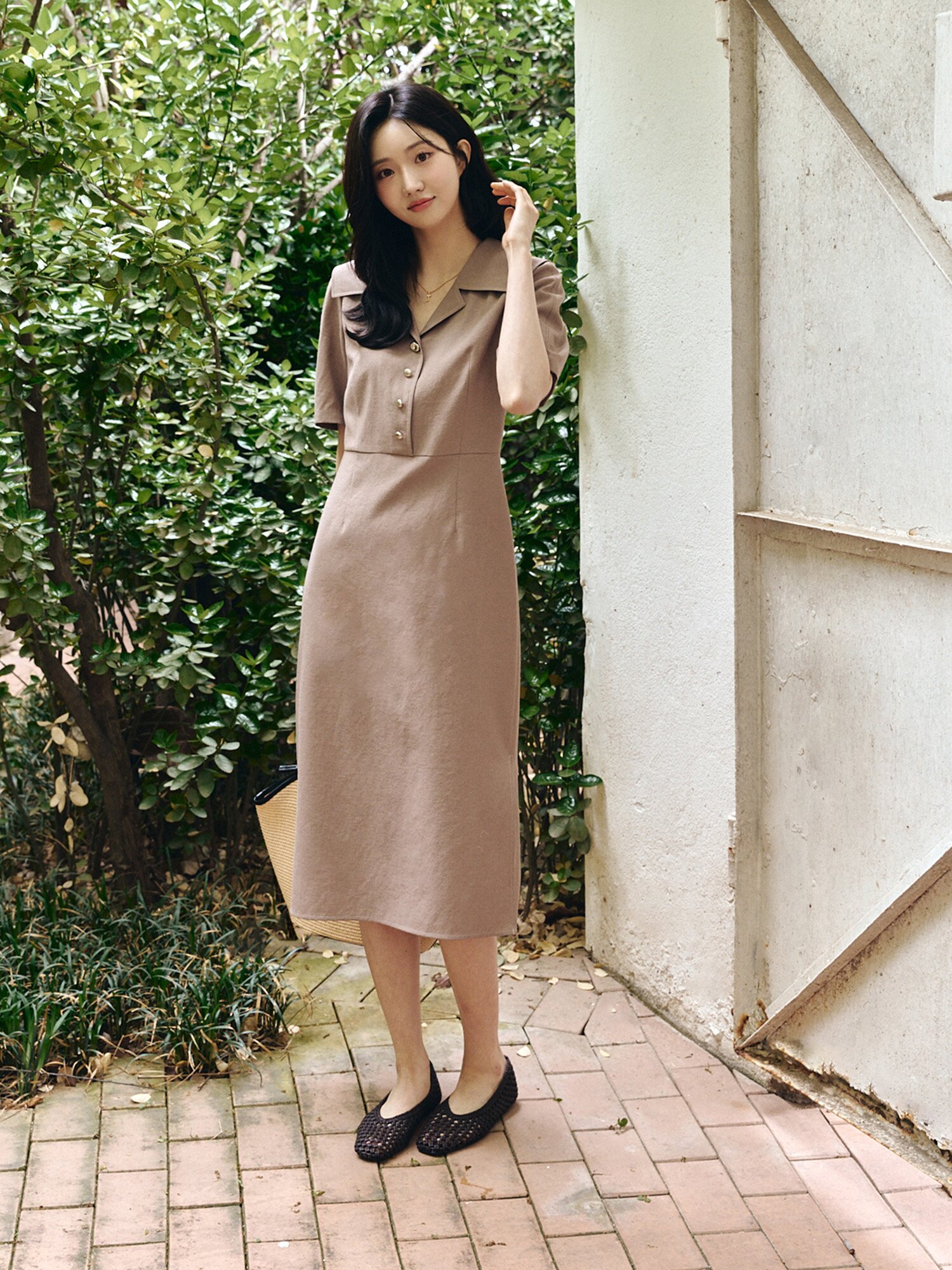 스티치 세일러 칼라 H라인 원피스 (BROWN)