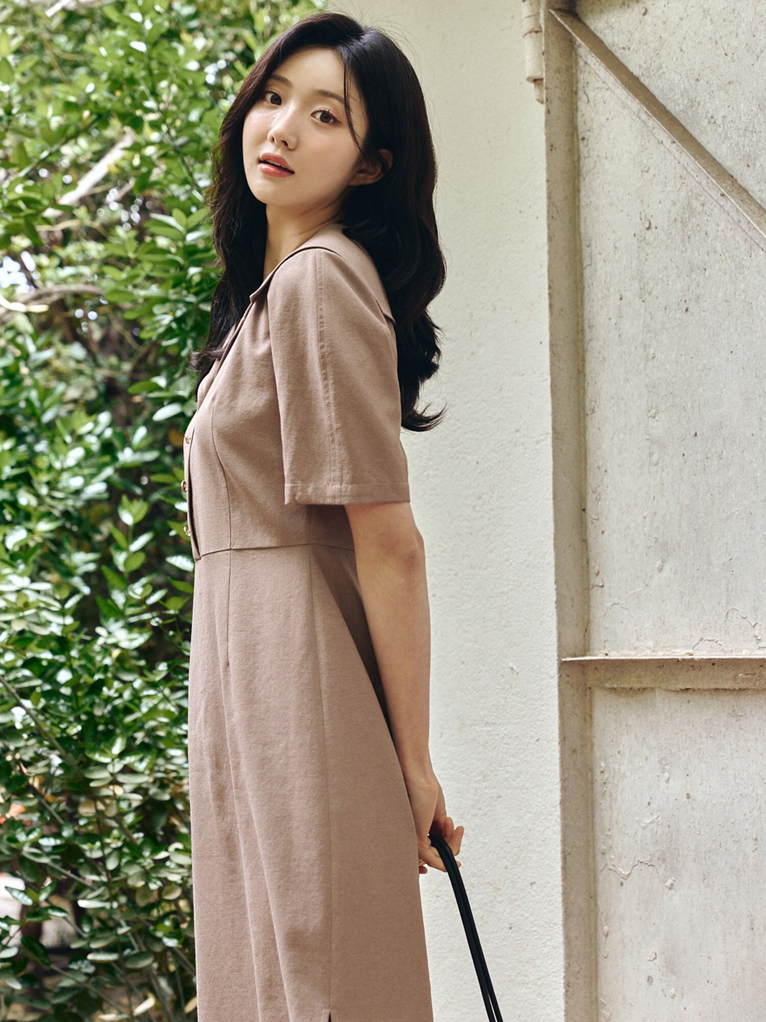 스티치 세일러 칼라 H라인 원피스 (BROWN)
