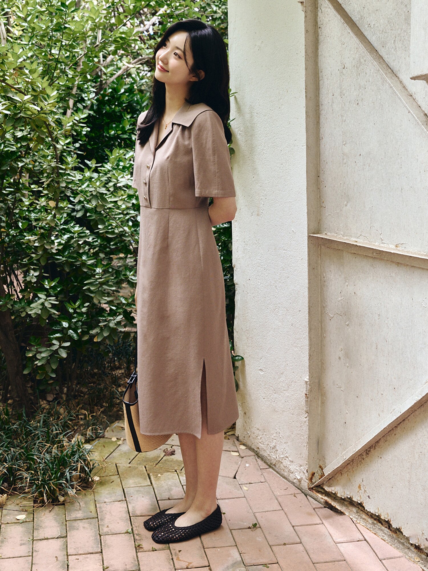 스티치 세일러 칼라 H라인 원피스 (BROWN)