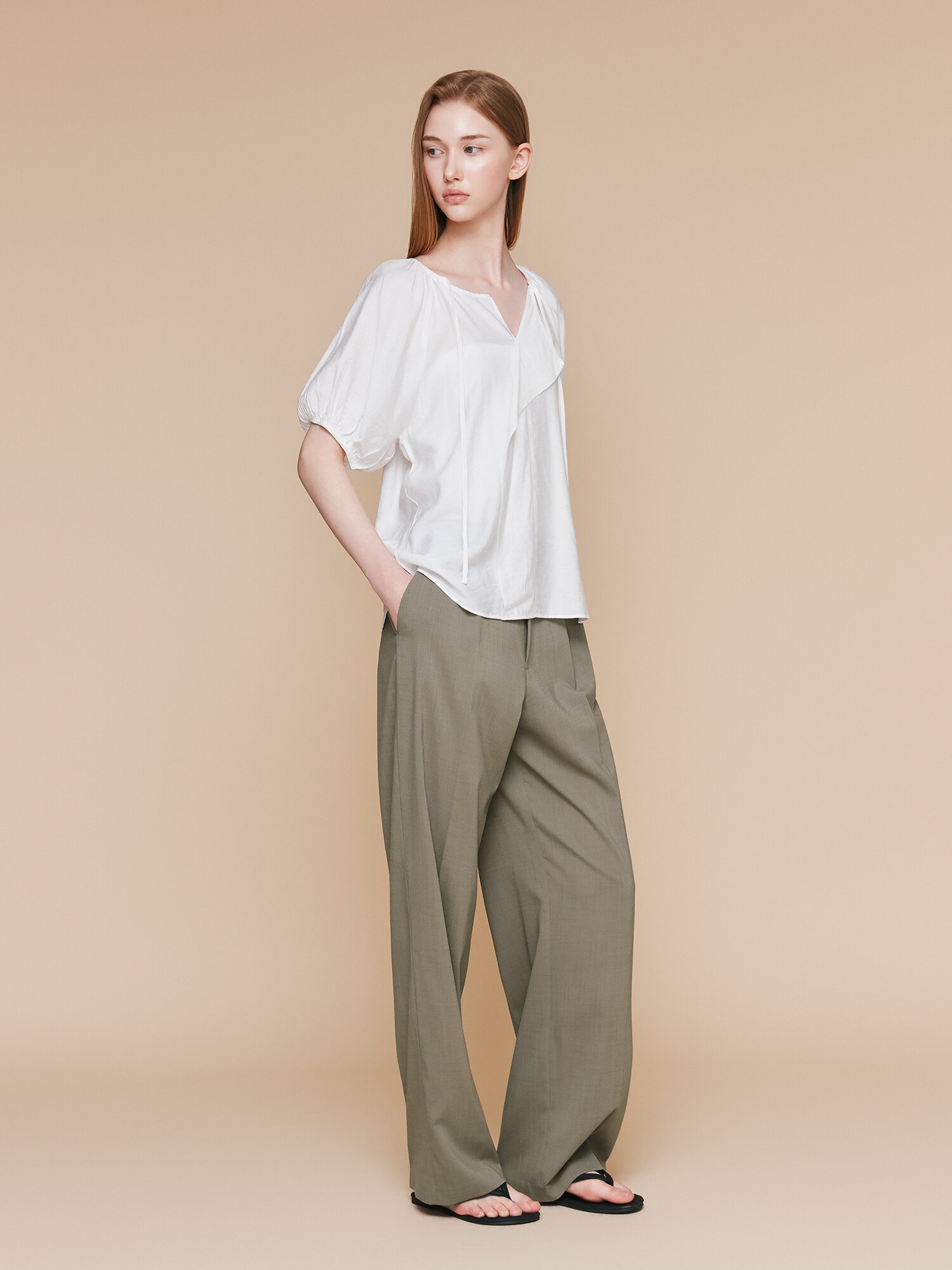하이 웨이스트 원턱 와이드 팬츠 (KHAKI)
