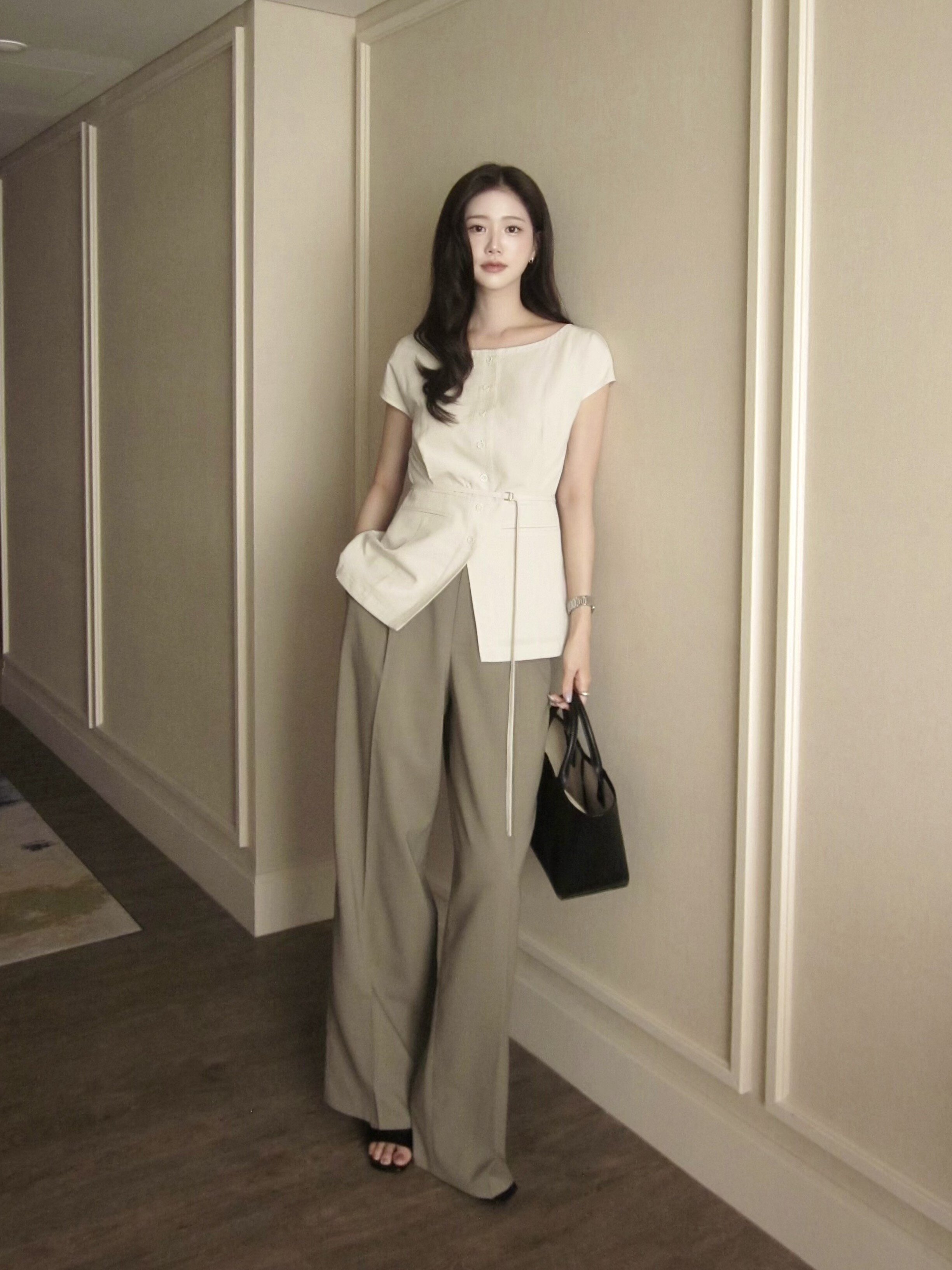 하이 웨이스트 원턱 와이드 팬츠 (KHAKI)