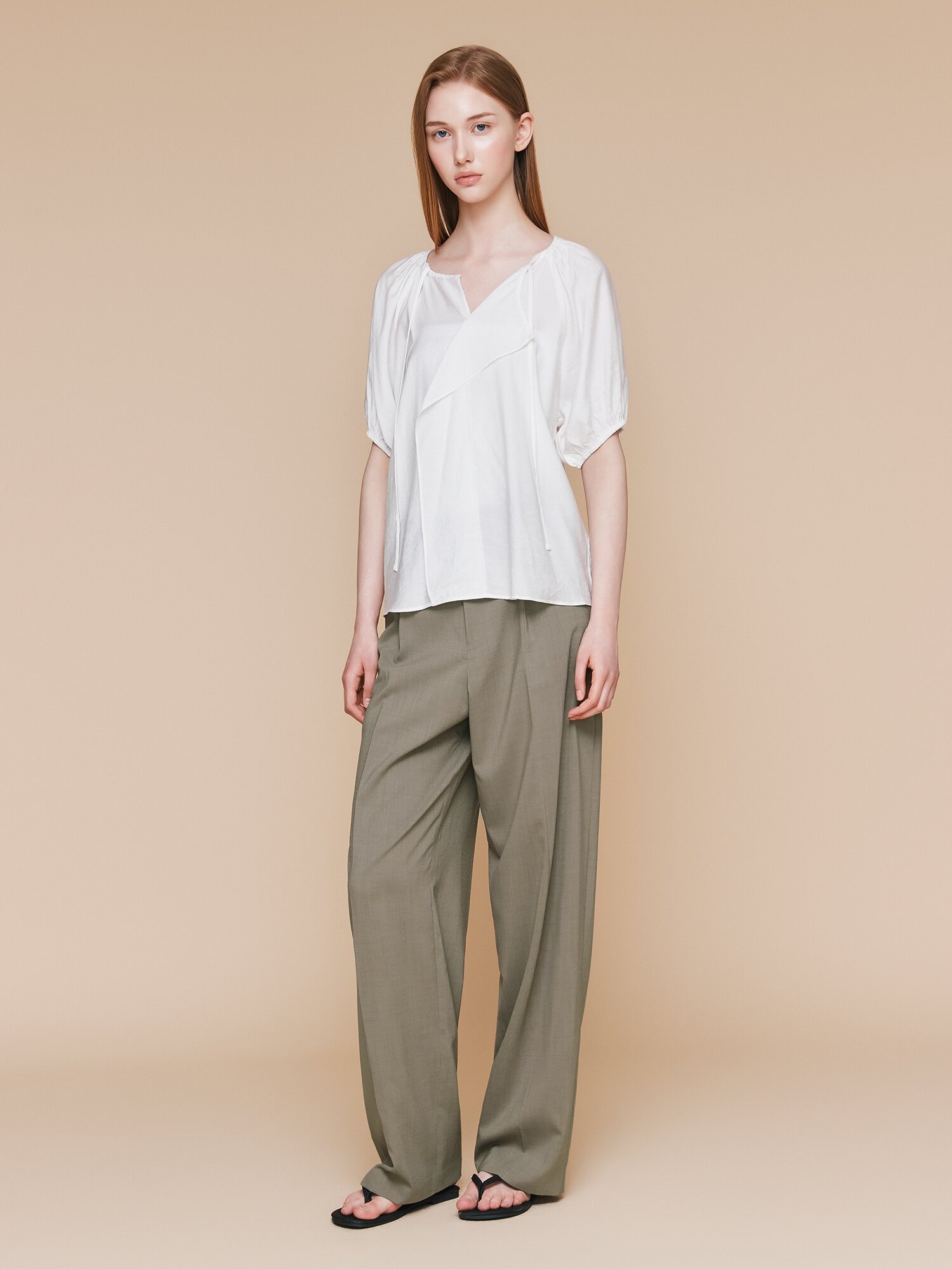 하이 웨이스트 원턱 와이드 팬츠 (KHAKI)