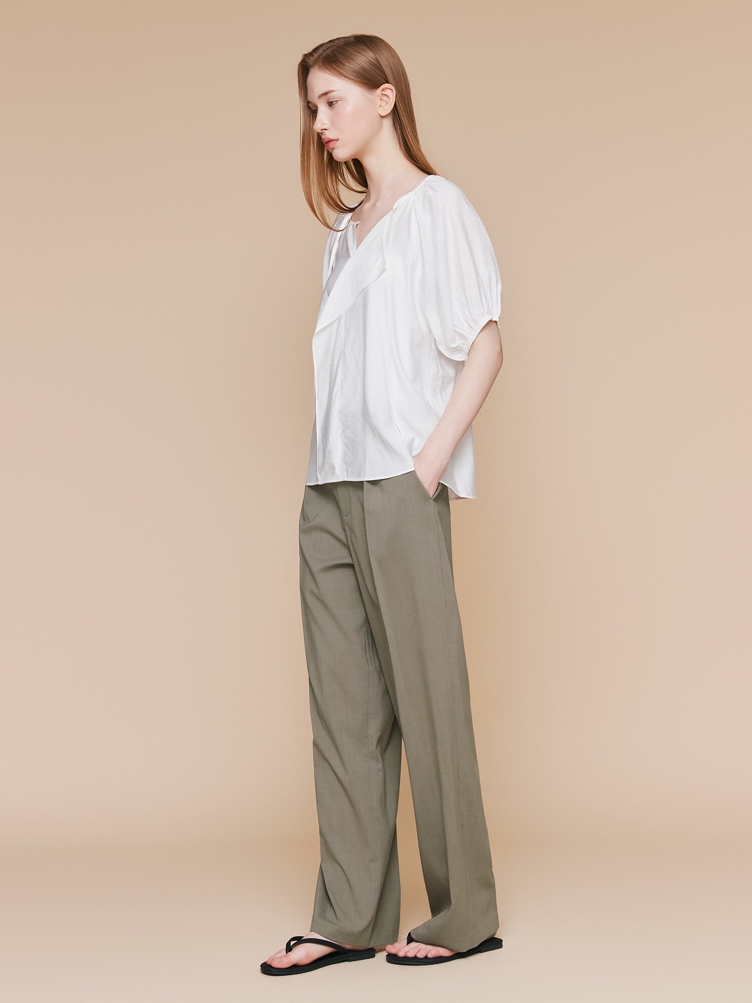 하이 웨이스트 원턱 와이드 팬츠 (KHAKI)