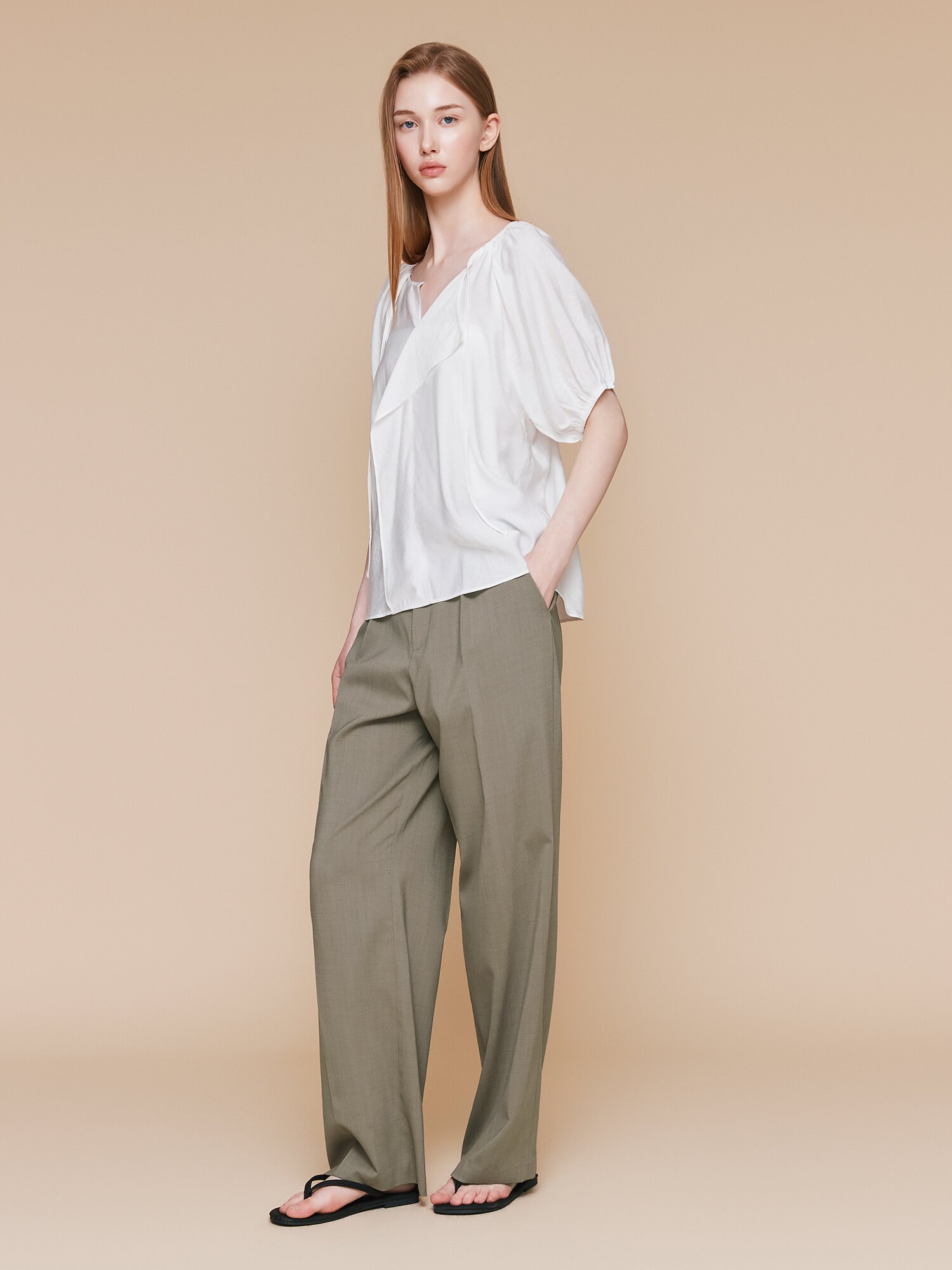 하이 웨이스트 원턱 와이드 팬츠 (KHAKI)