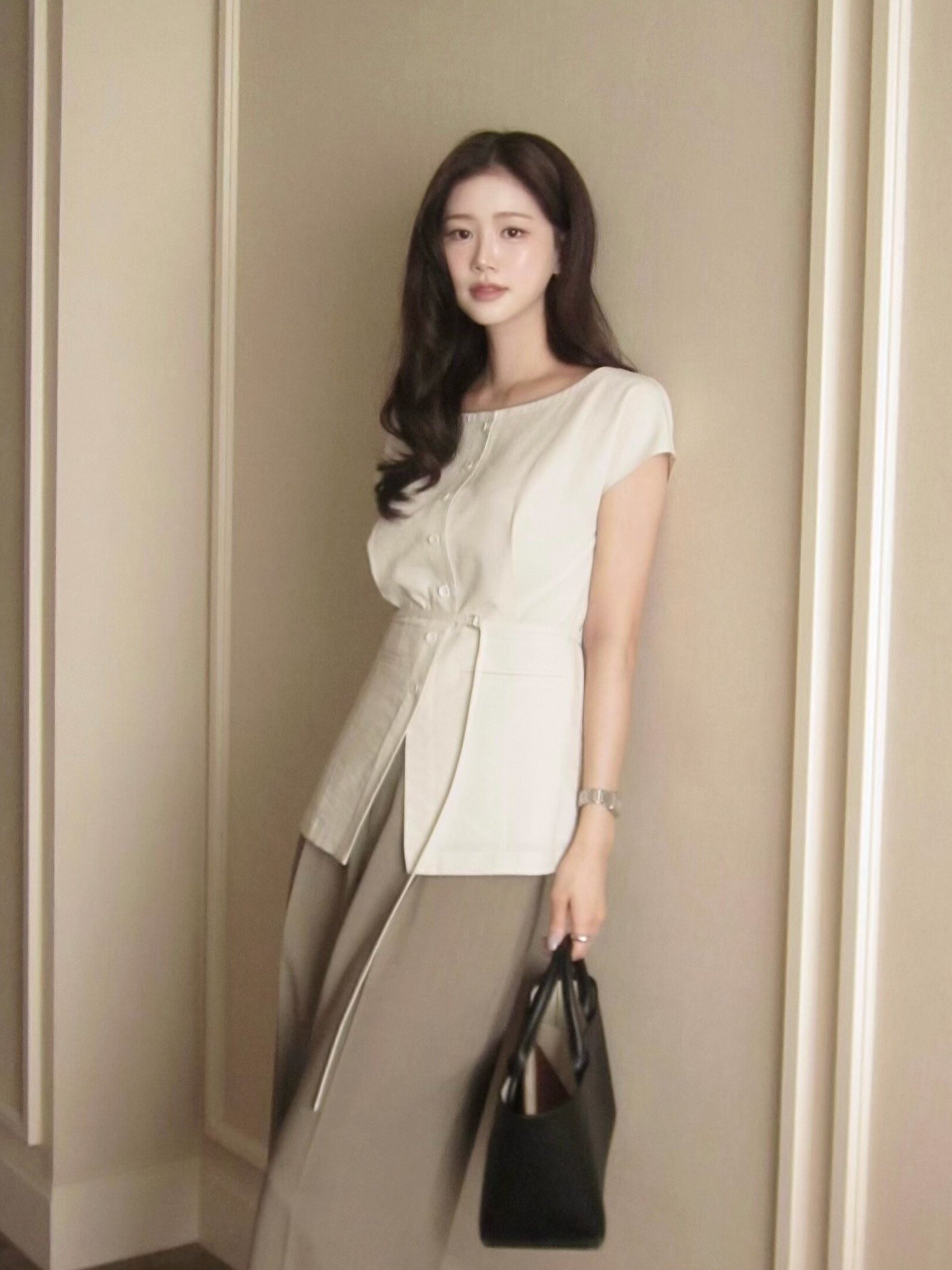 하이 웨이스트 원턱 와이드 팬츠 (KHAKI)