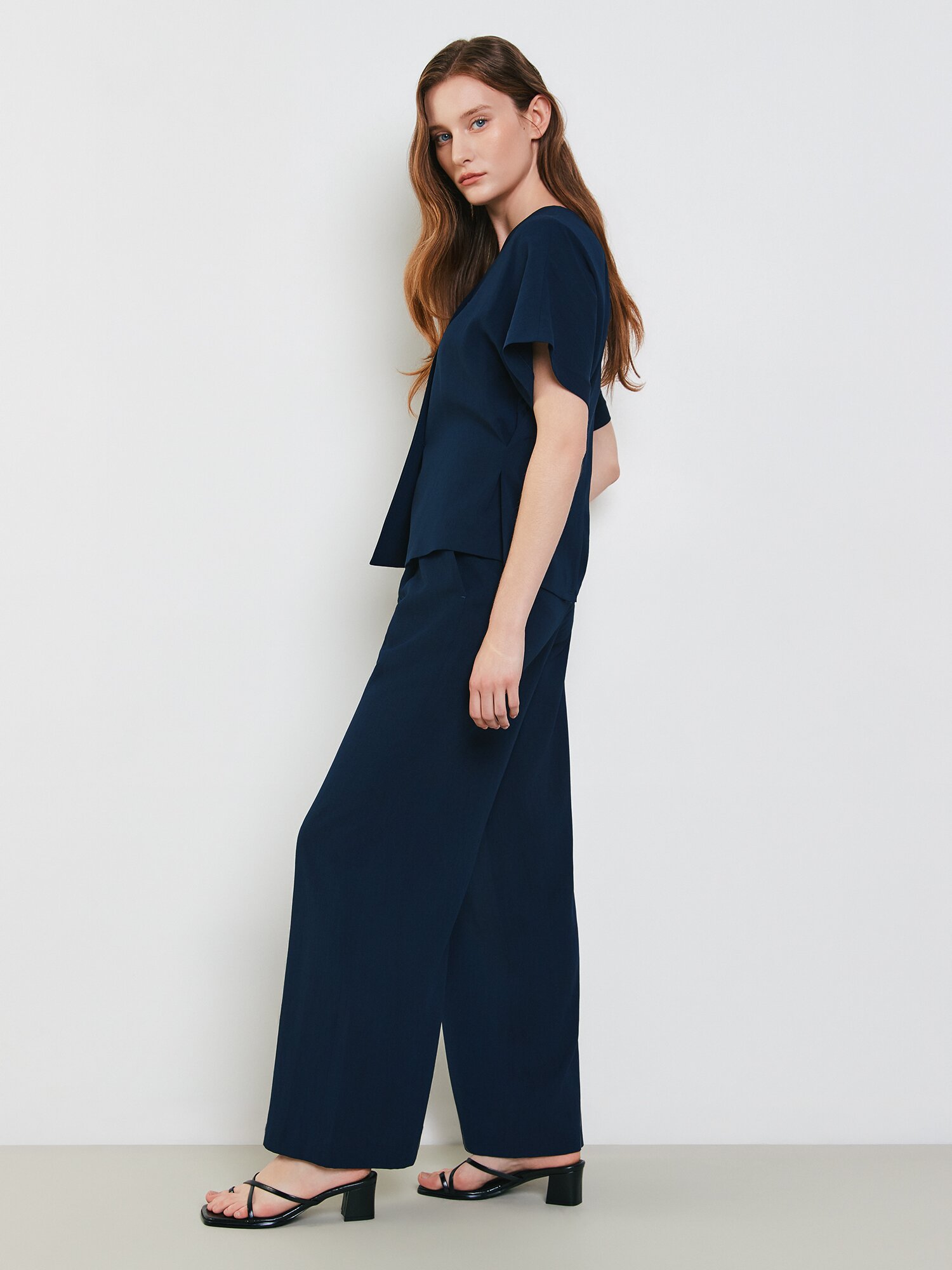 린넨 원턱 와이드 팬츠 (NAVY)