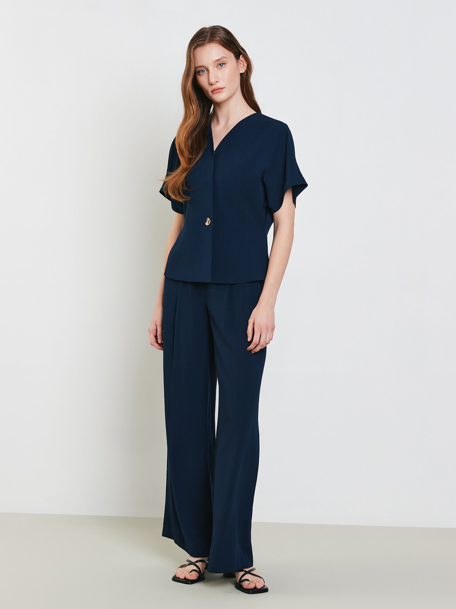 린넨 원턱 와이드 팬츠 (NAVY)