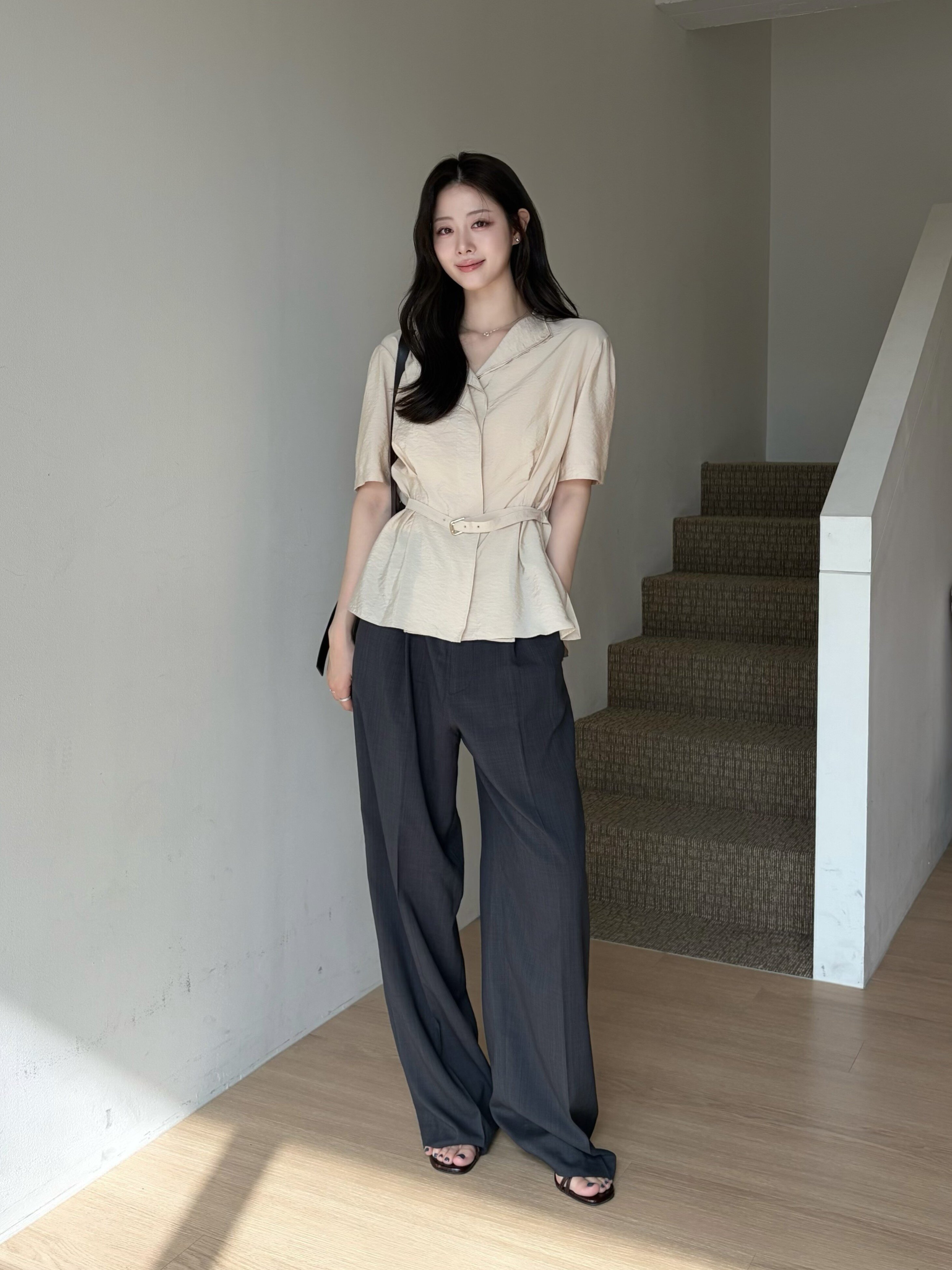 하이 웨이스트 원턱 와이드 팬츠  (DARK GREY)