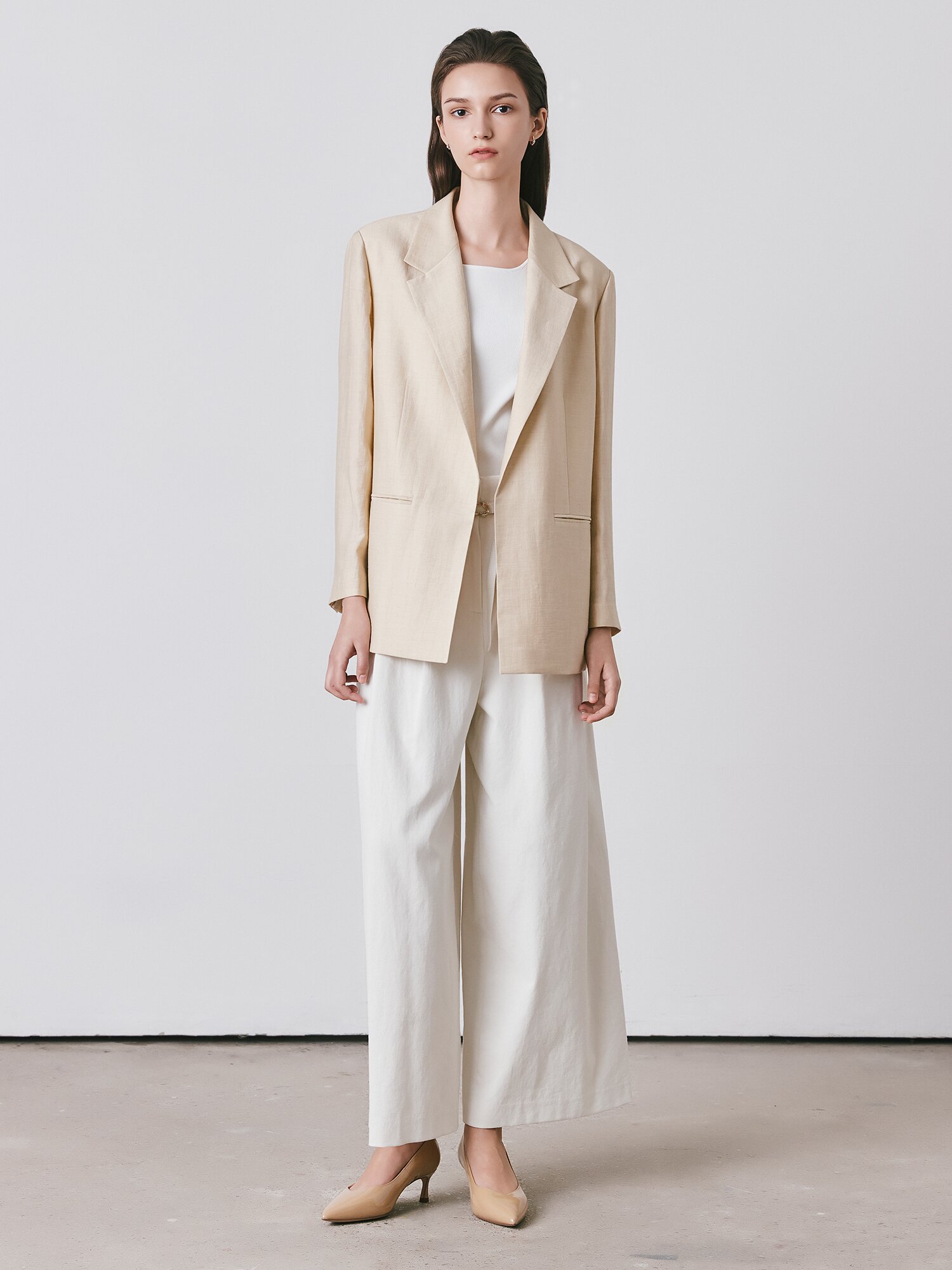 린넨 백 슬릿 테일러드 오픈 재킷 (BEIGE)
