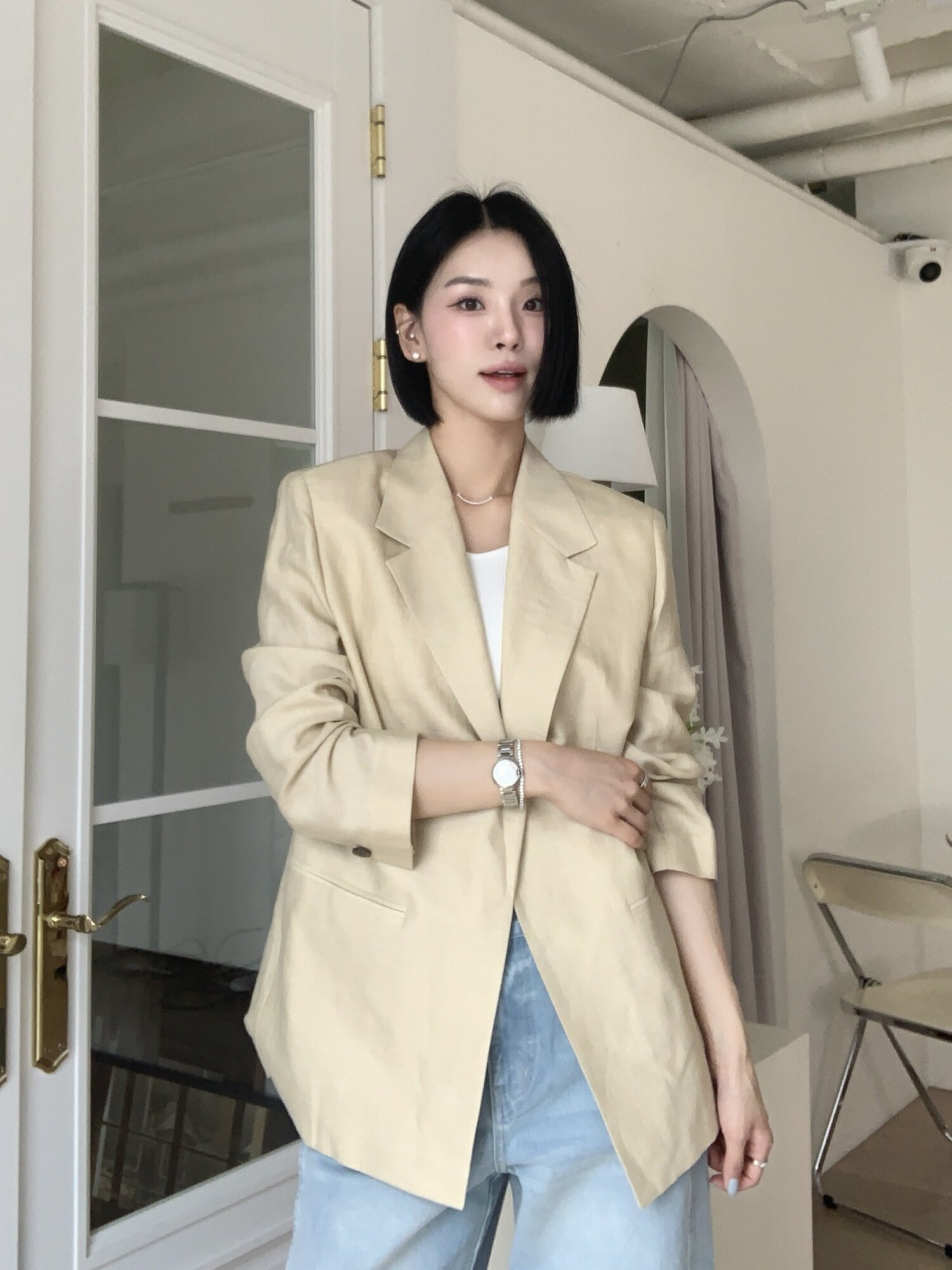 린넨 백 슬릿 테일러드 오픈 재킷 (BEIGE)