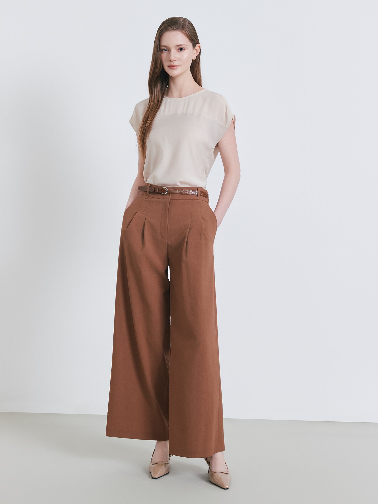 벨티드 투턱 와이드 팬츠 (LIGHT BROWN)