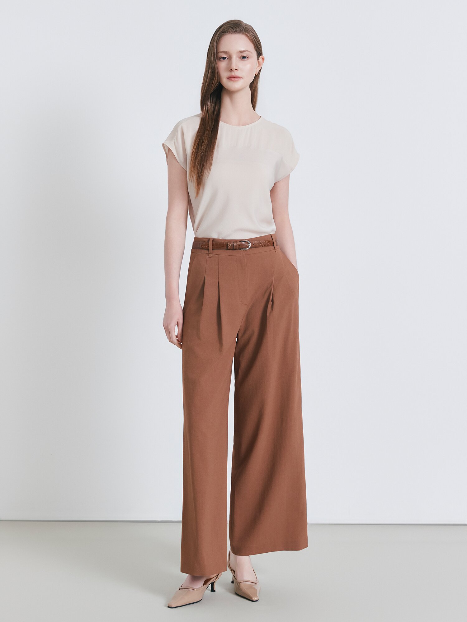 벨티드 투턱 와이드 팬츠 (LIGHT BROWN)