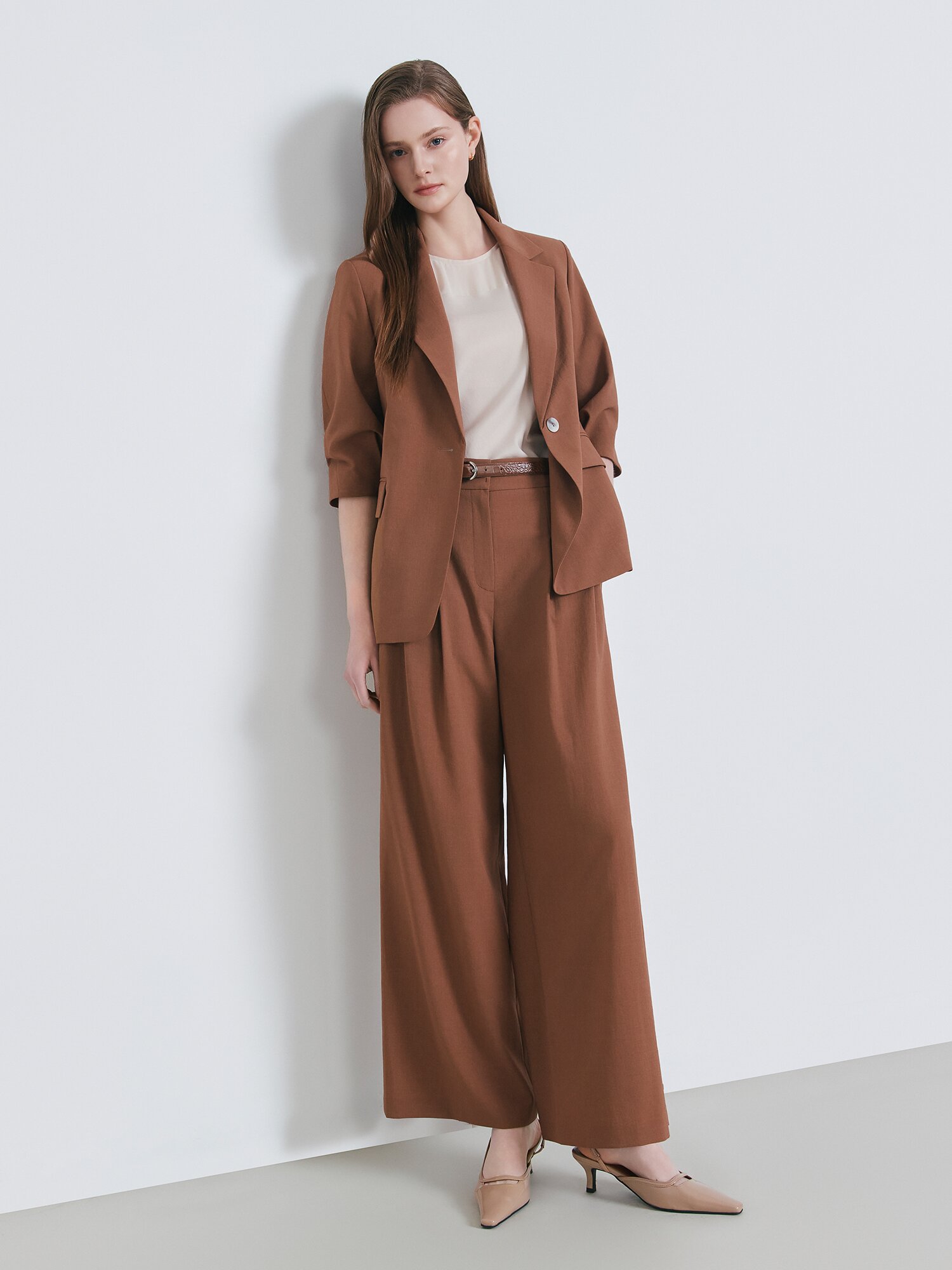 벨티드 투턱 와이드 팬츠 (LIGHT BROWN)