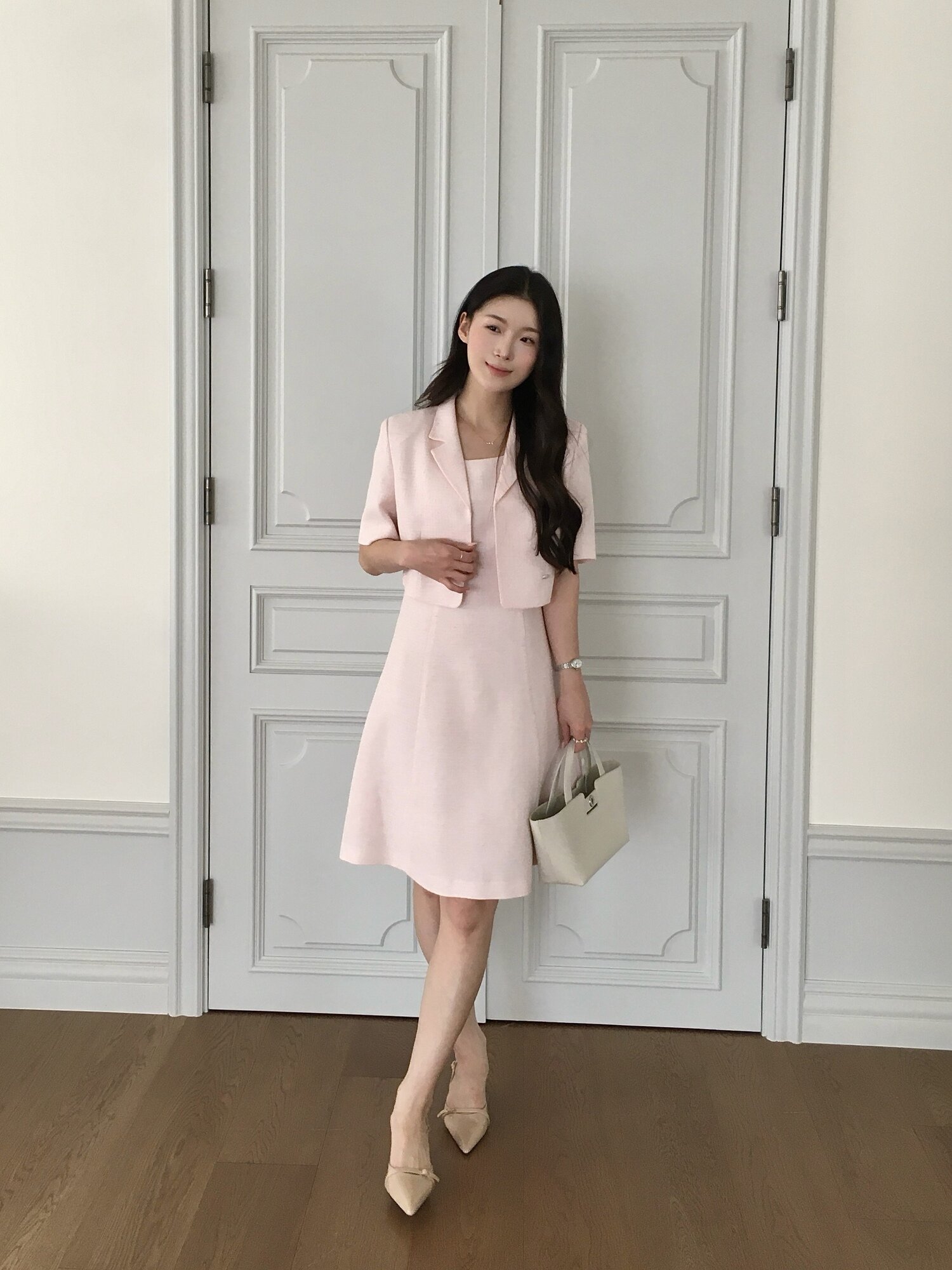 트위드 플레어 원피스 +재킷 세트 (PINK)