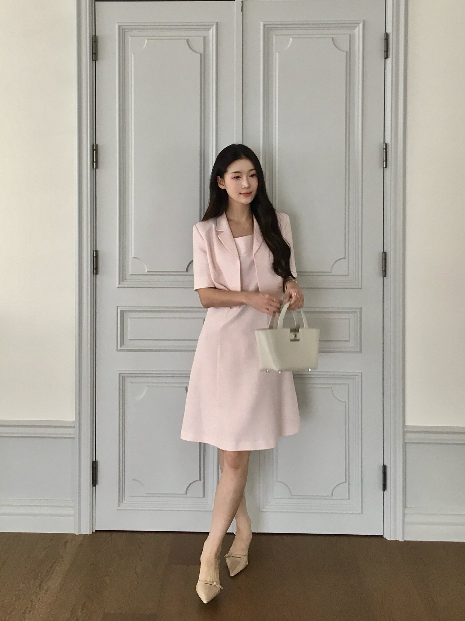 트위드 플레어 원피스 +재킷 세트 (PINK)