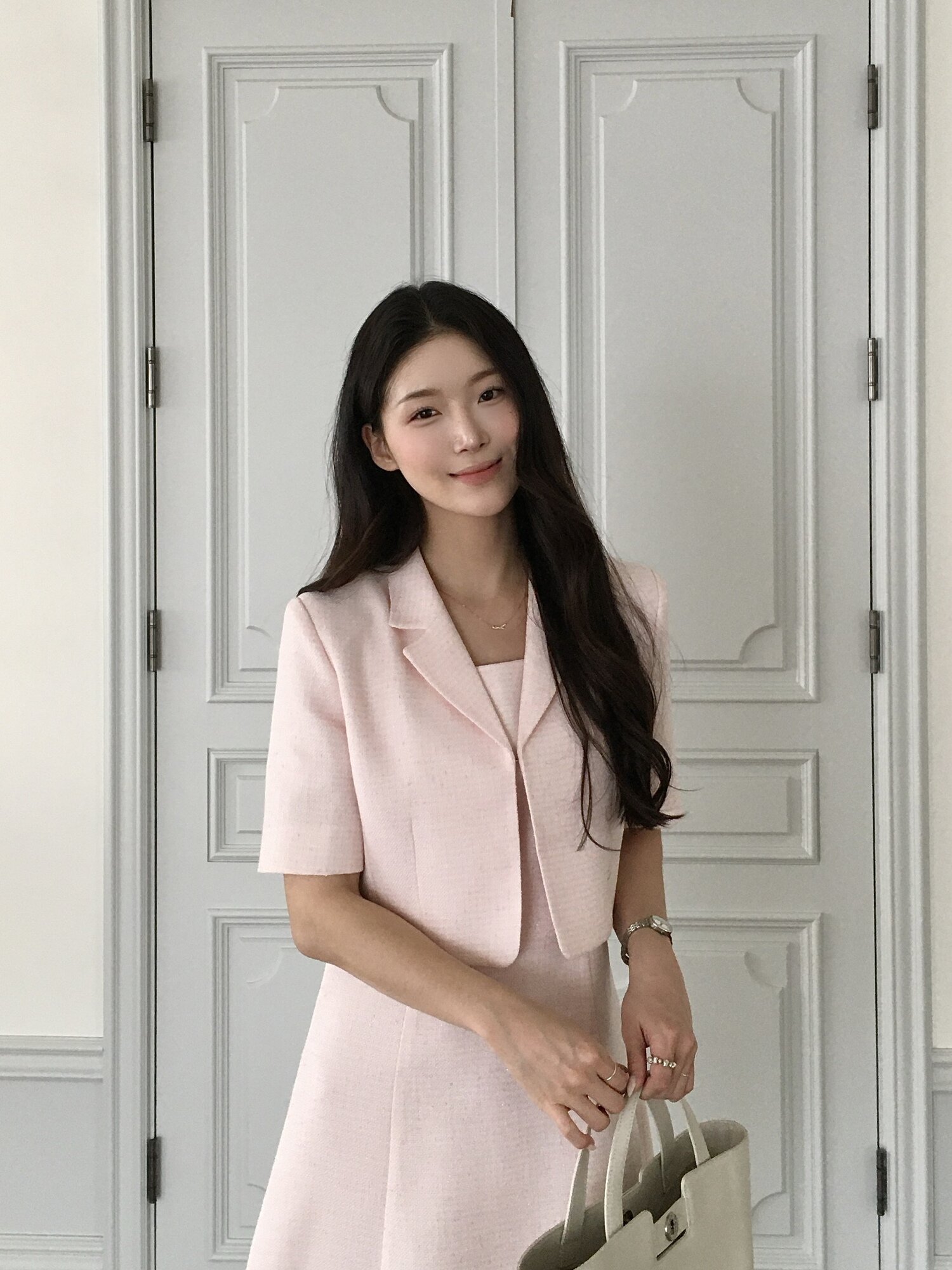 트위드 플레어 원피스 +재킷 세트 (PINK)