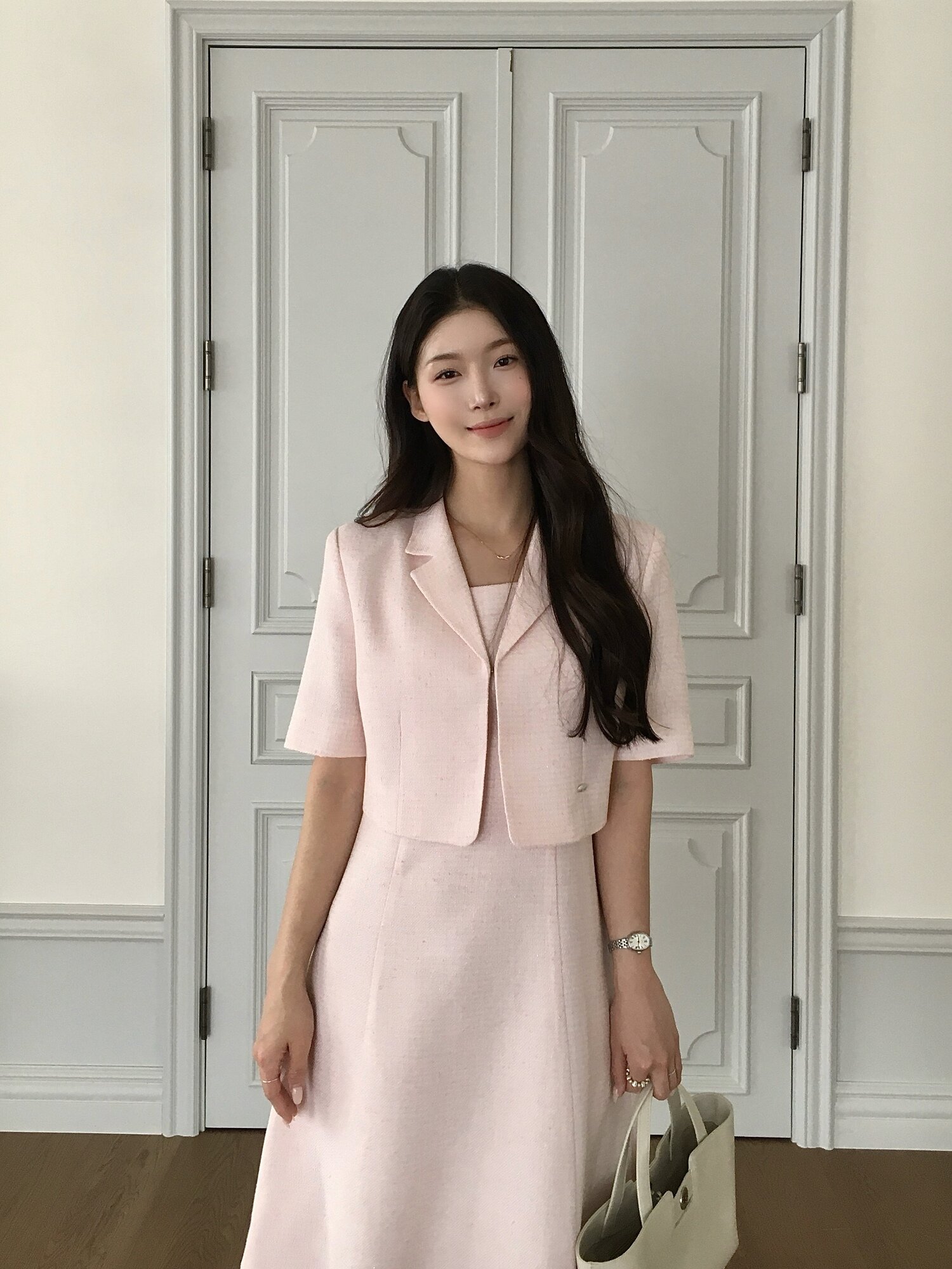 트위드 플레어 원피스 +재킷 세트 (PINK)