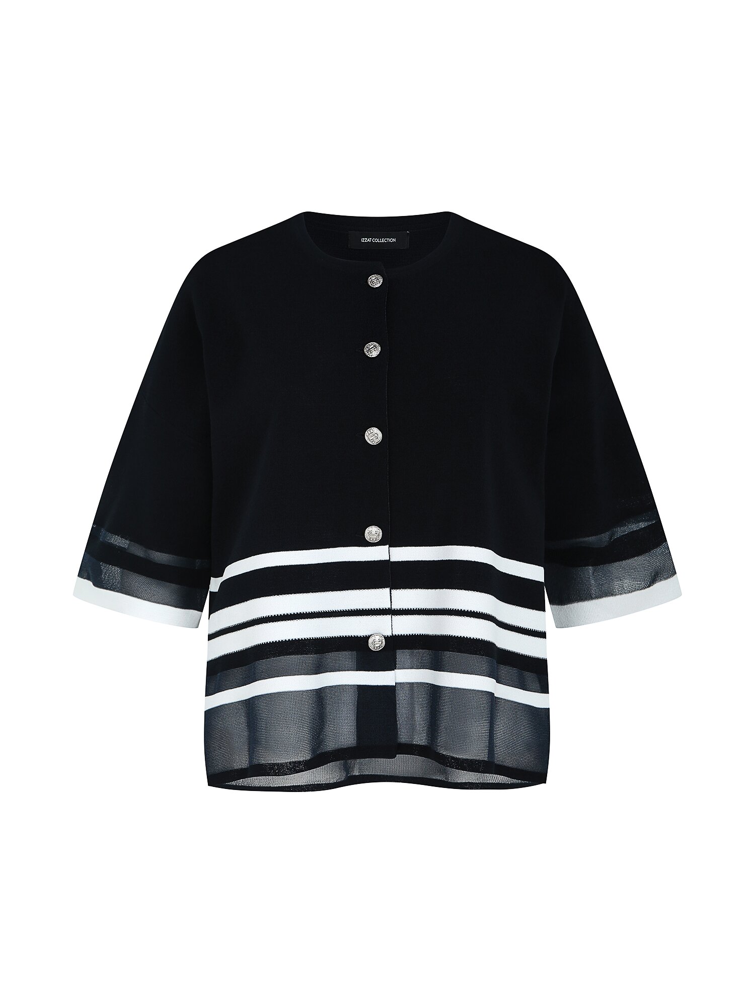 스트라이프 배색 라운드넥 가디건 (NAVY)