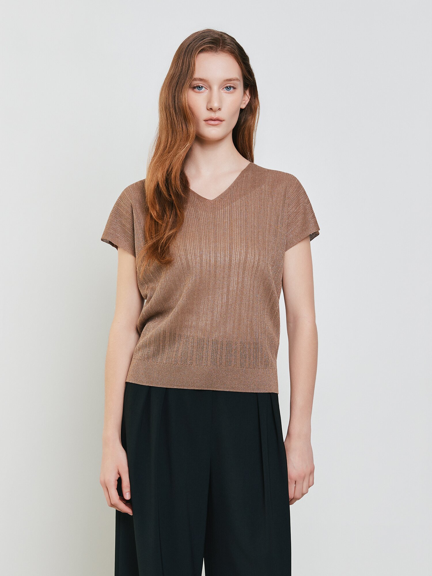 시스루 브이넥 풀오버 니트 (LIGHT BROWN)