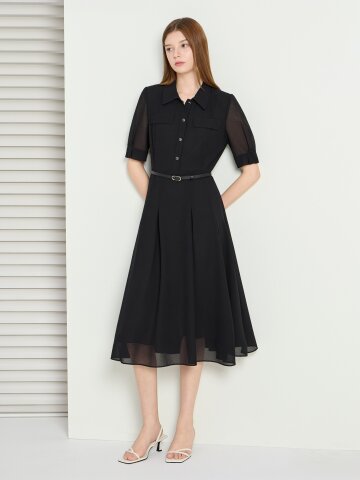 플랩 핀턱 플레어 셔츠 원피스 