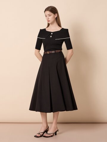 벨티드 플리츠 롱 스커트 