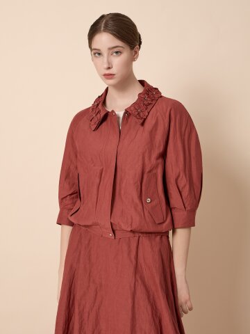 플라워 카라 미디 슬리브 집업 재킷 