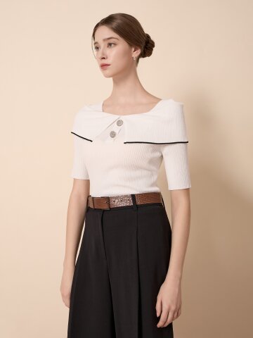 골지 오프 숄더 배색 풀오버 니트 