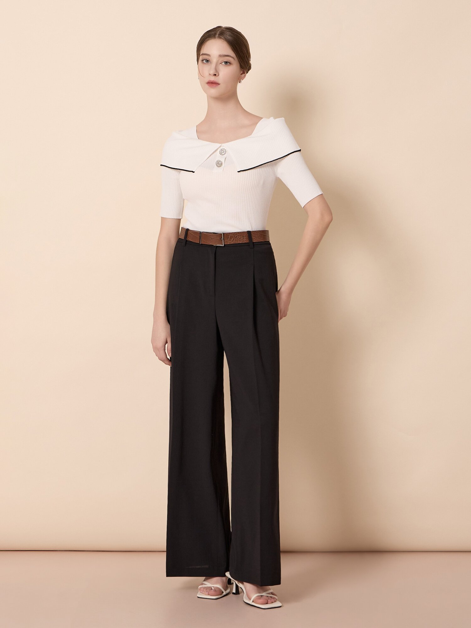 골지 오프 숄더 배색 풀오버 니트 (WHITE)