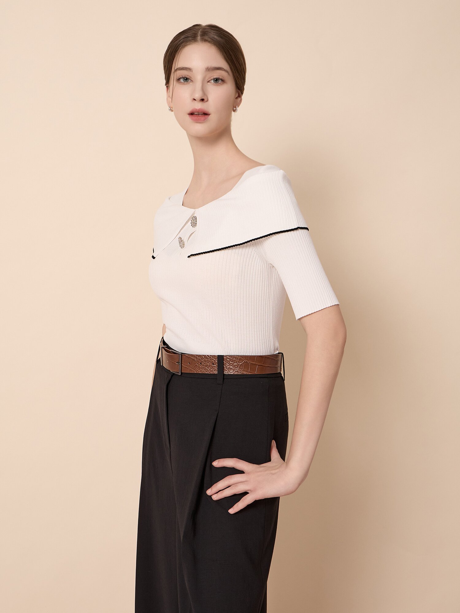 골지 오프 숄더 배색 풀오버 니트 (WHITE)