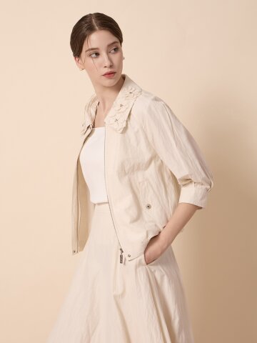 플라워 카라 미디 슬리브 집업 재킷 