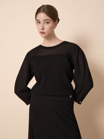 배색 라운드넥 미디 슬리브 니트 