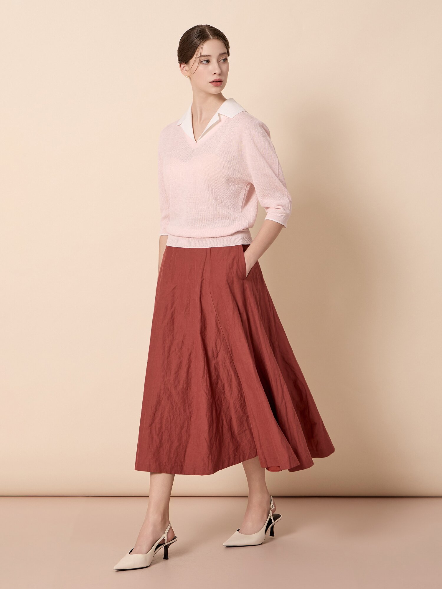 비스코스 블렌드 플레어 롱 스커트 (BRICK)