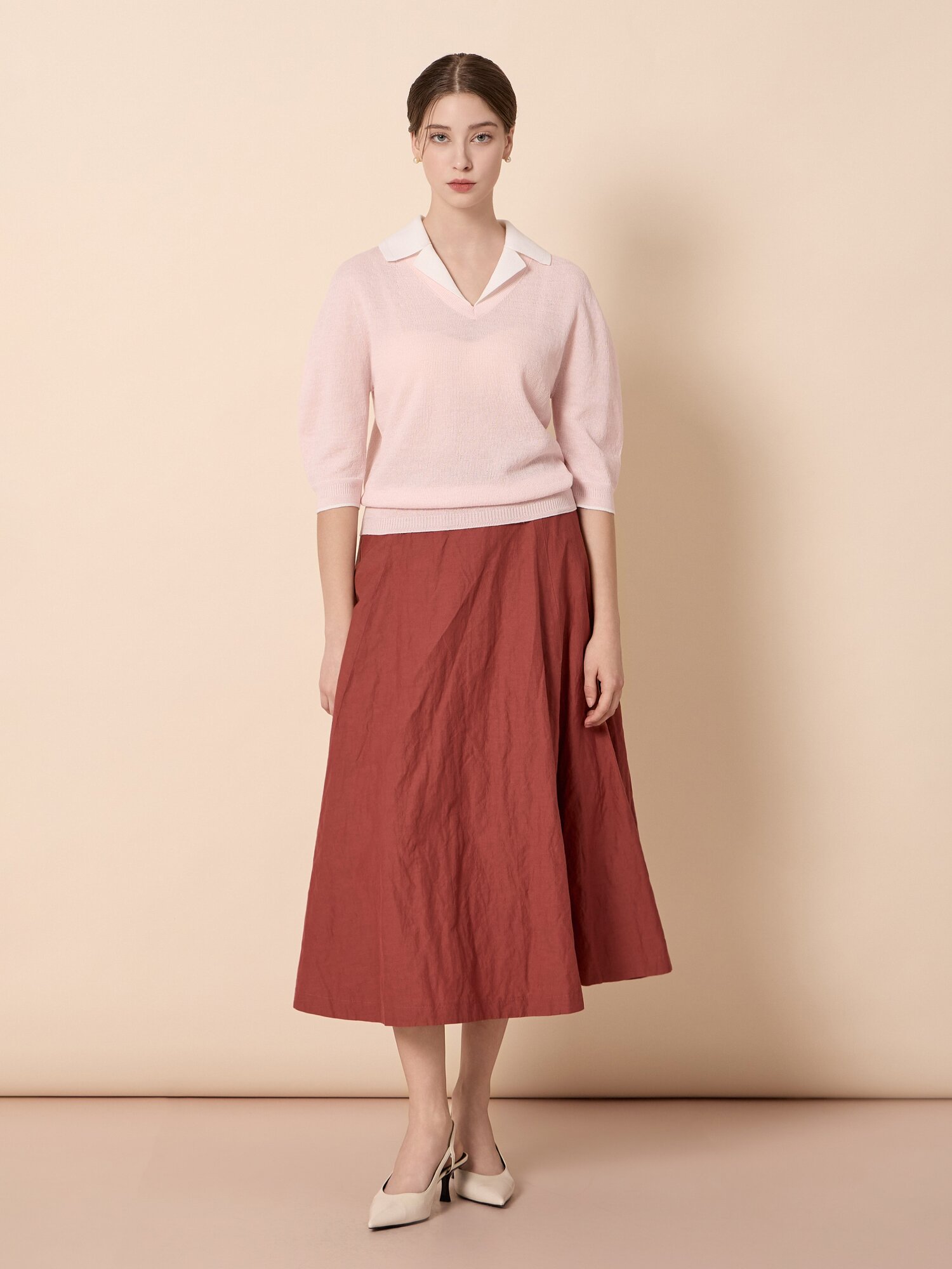 비스코스 블렌드 플레어 롱 스커트 (BRICK)