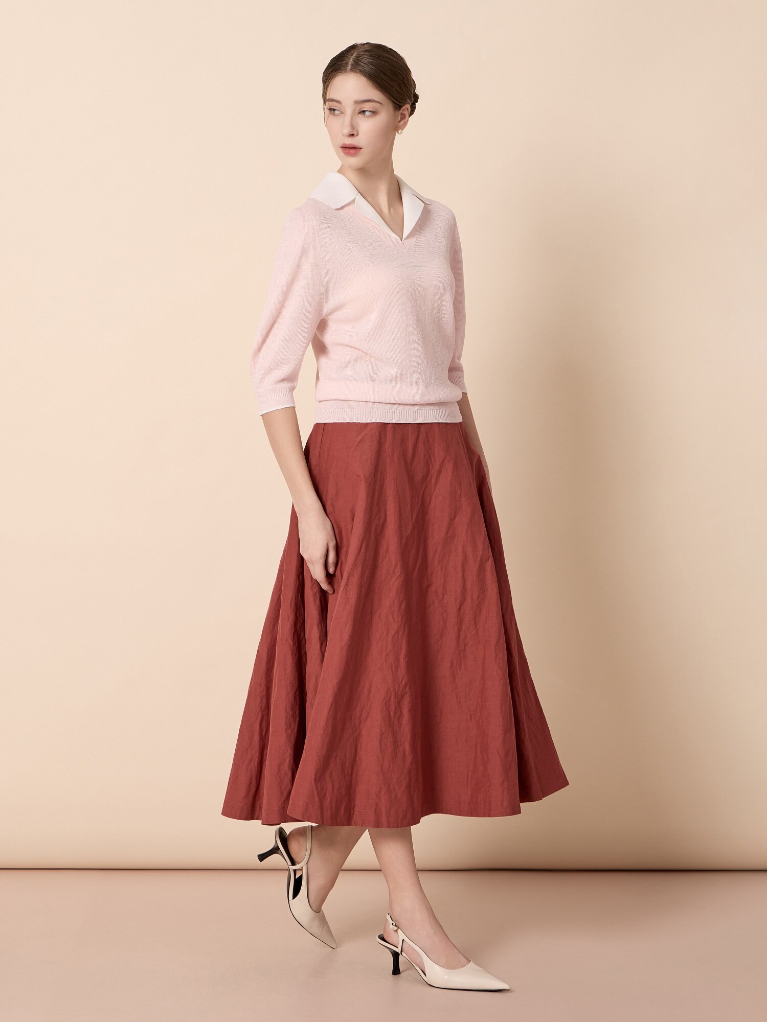 비스코스 블렌드 플레어 롱 스커트 (BRICK)