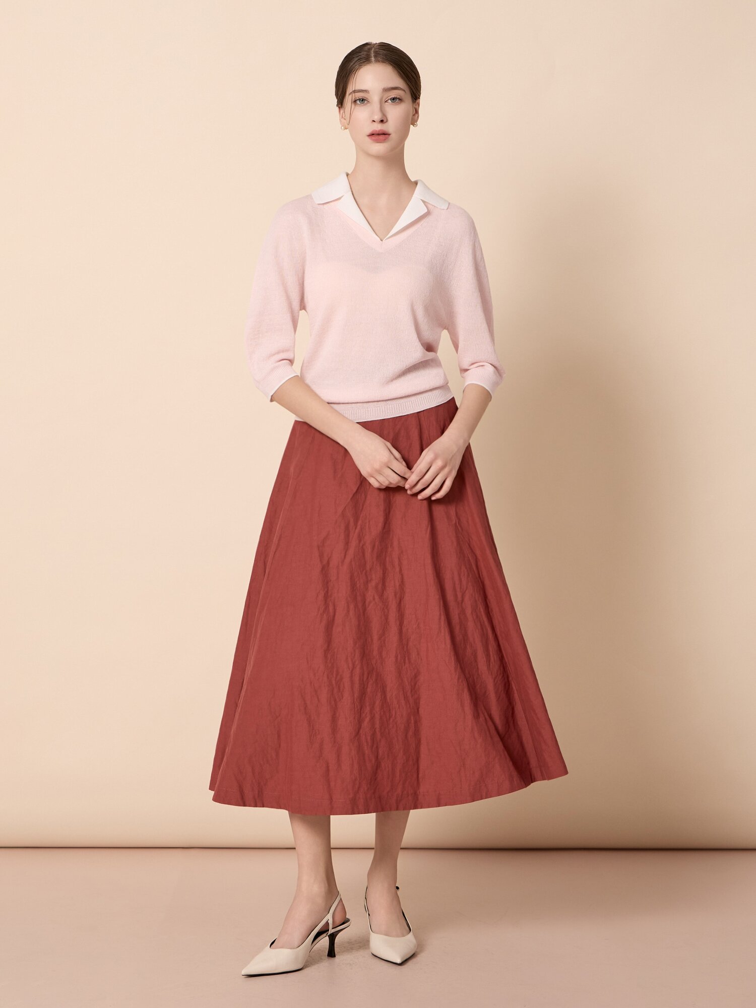 비스코스 블렌드 플레어 롱 스커트 (BRICK)