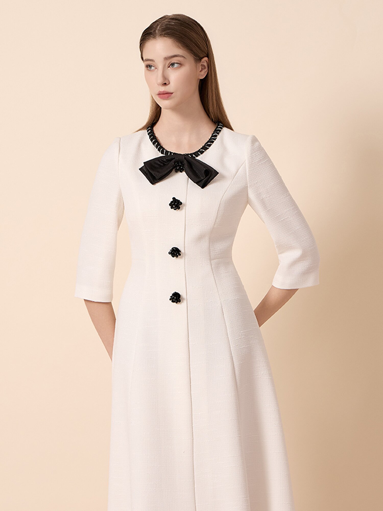 트위드 버튼 포인트 롱 원피스 (WHITE)