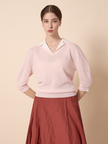 카라 배색 브이넥 풀오버 니트 