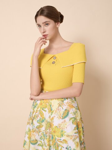 골지 오프 숄더 배색 풀오버 니트 